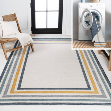 Pollux Classic Coastal Mitred Stripe Reversible Machine-Washable Indoor/Outdoor Area Rug
